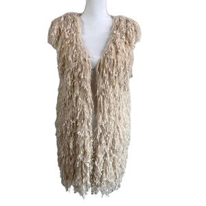 Aakaa Shaggy Fringe Boho Hippie Knitted Cream Vest Size Large